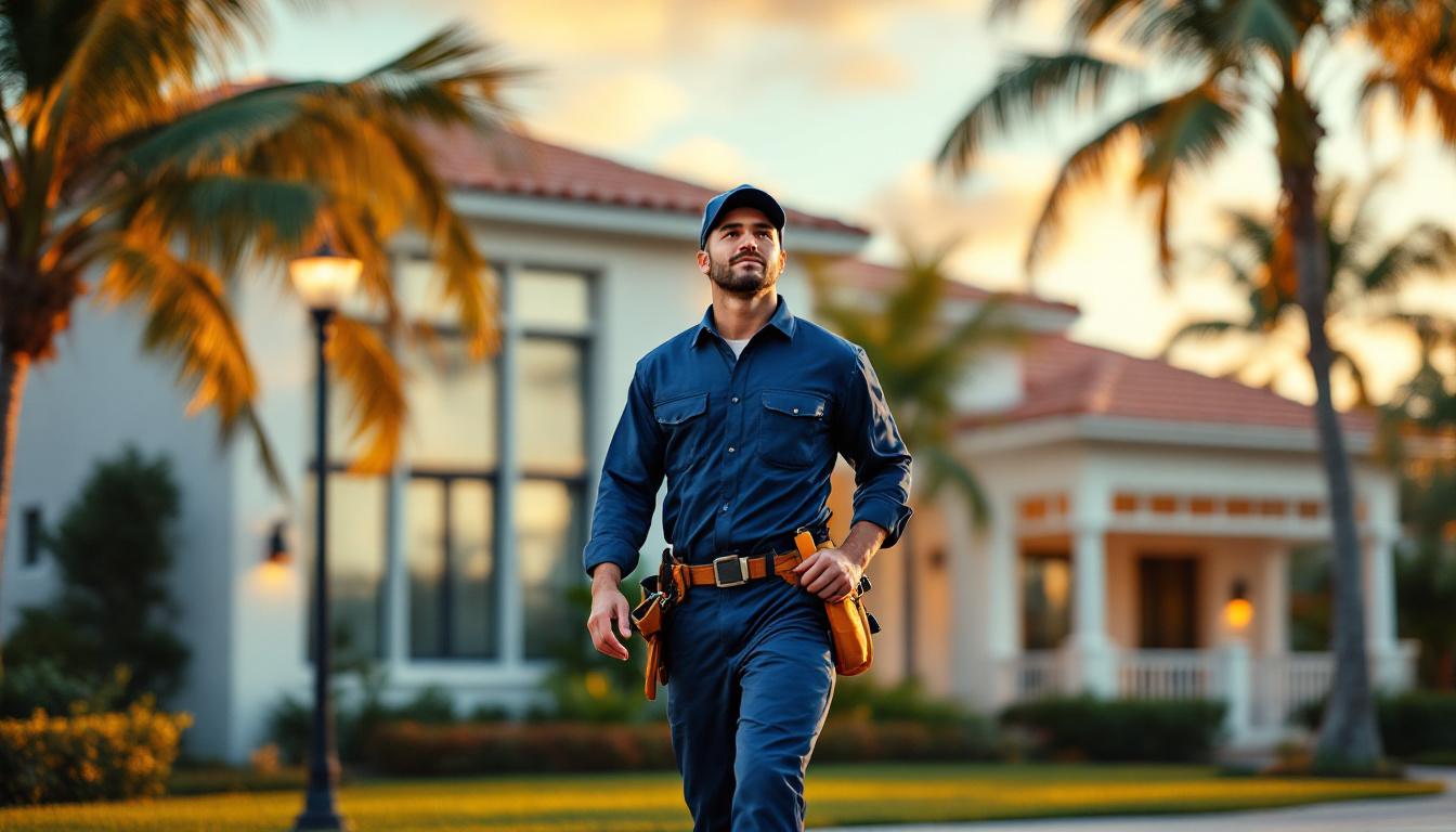 HVAC technician walking up to a Florida-style coastal home with palm trees in late afternoon golden light