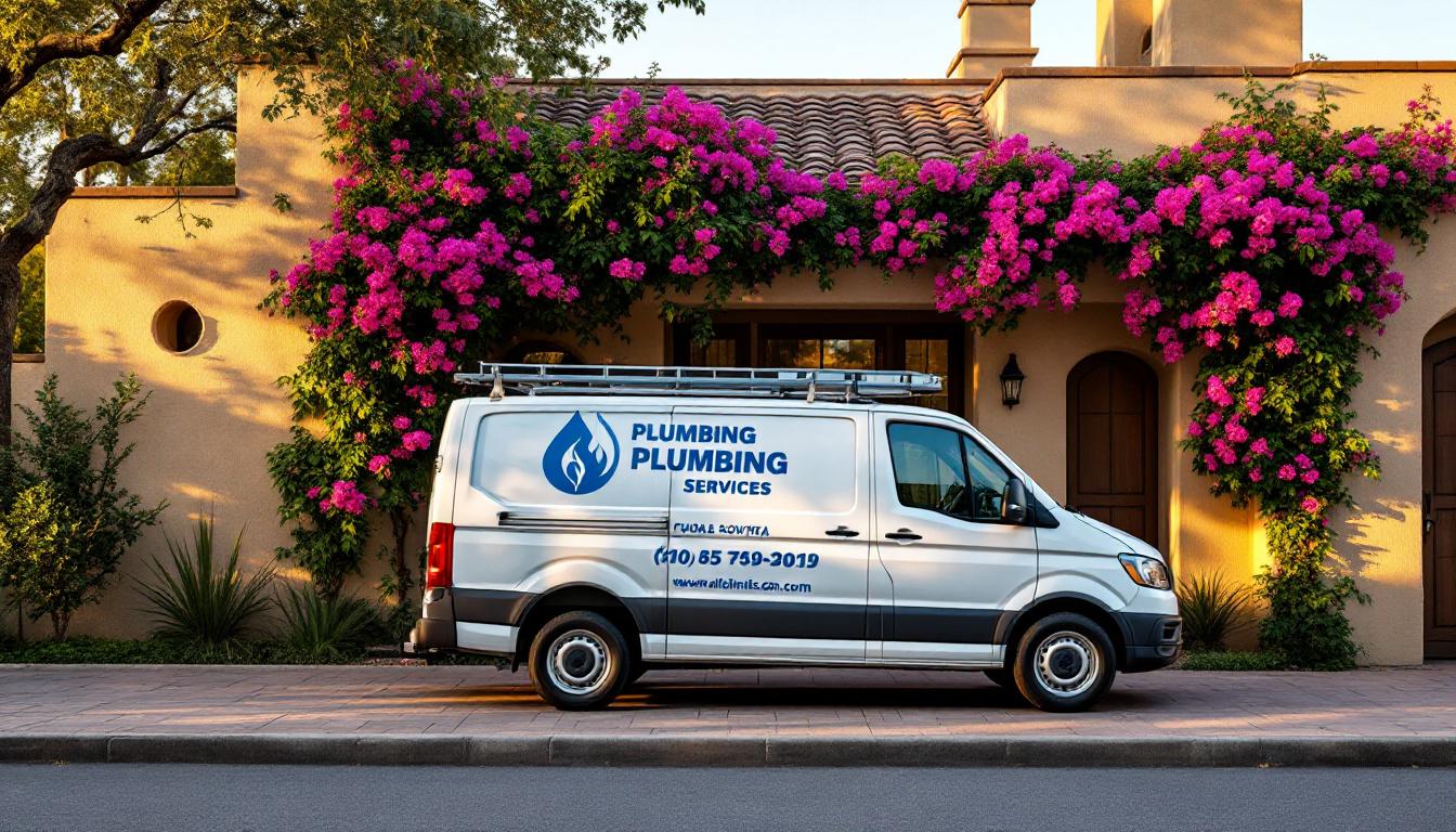 Plumbing service van parked outside a California Spanish-style home with bougainvillea in late afternoon golden hour