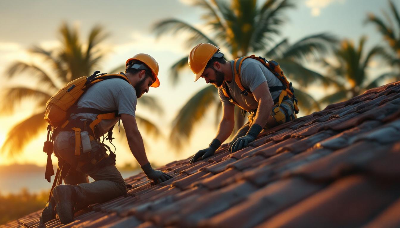 Two roofers in safety harnesses inspecting a tile roof on a Florida home at golden hour with blurred palm trees