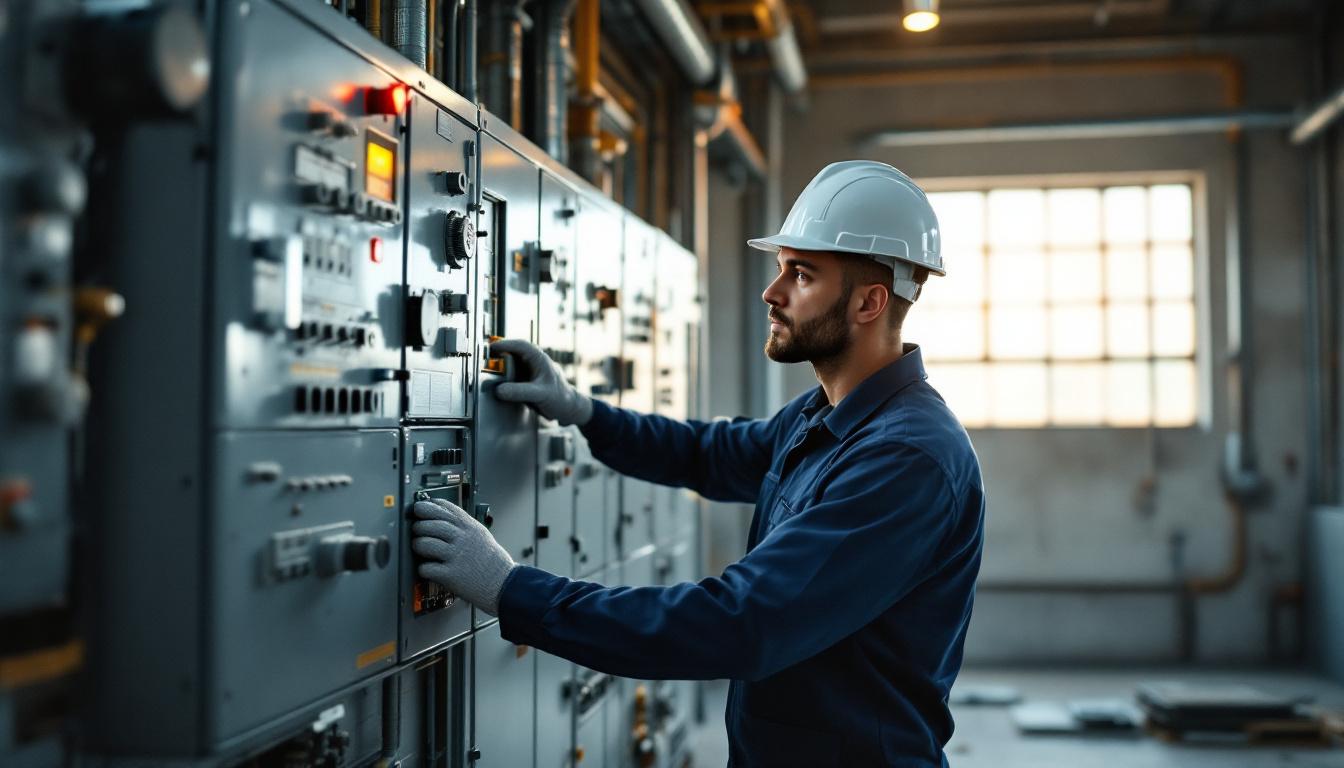 Electrical contractor in clean work uniform inspecting an industrial electrical panel in a Texas commercial facility