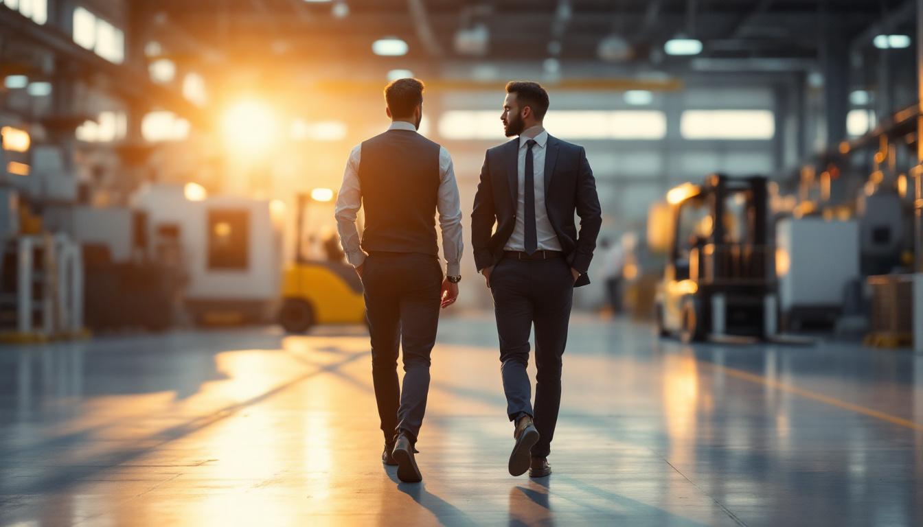 Two manufacturing executives walking through a clean machine shop floor at golden hour, blurred CNC equipment in background