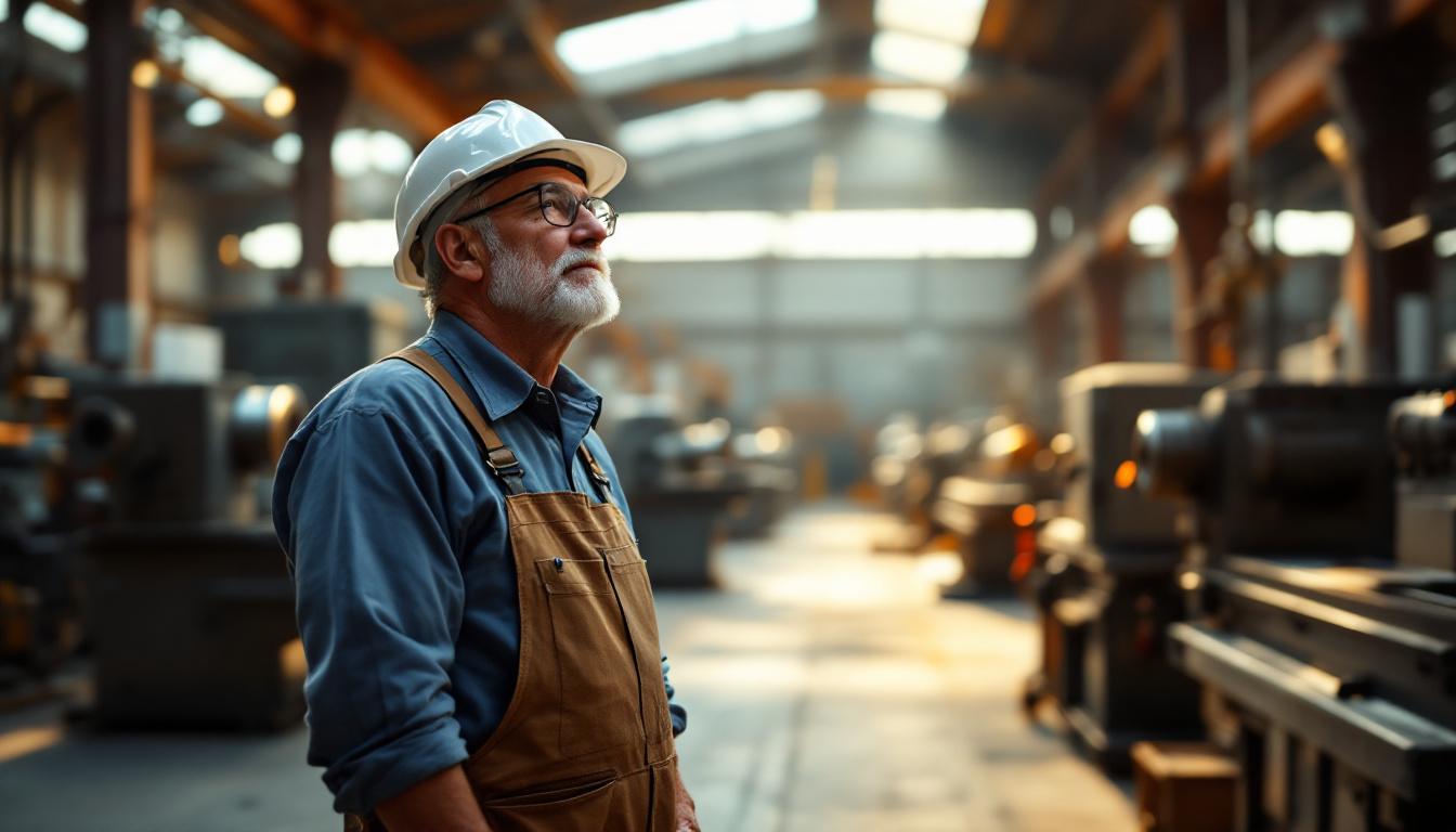 Older manufacturing owner standing at the edge of a clean shop floor in late afternoon light, contemplative