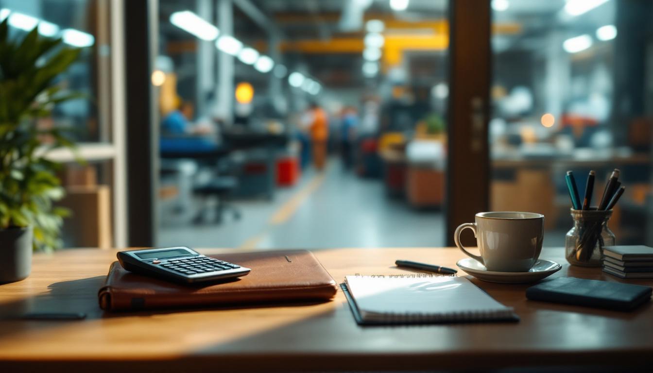 Calculator beside a leather portfolio and coffee mug on a wooden desk in a small office, blurred shop floor visible through doorway
