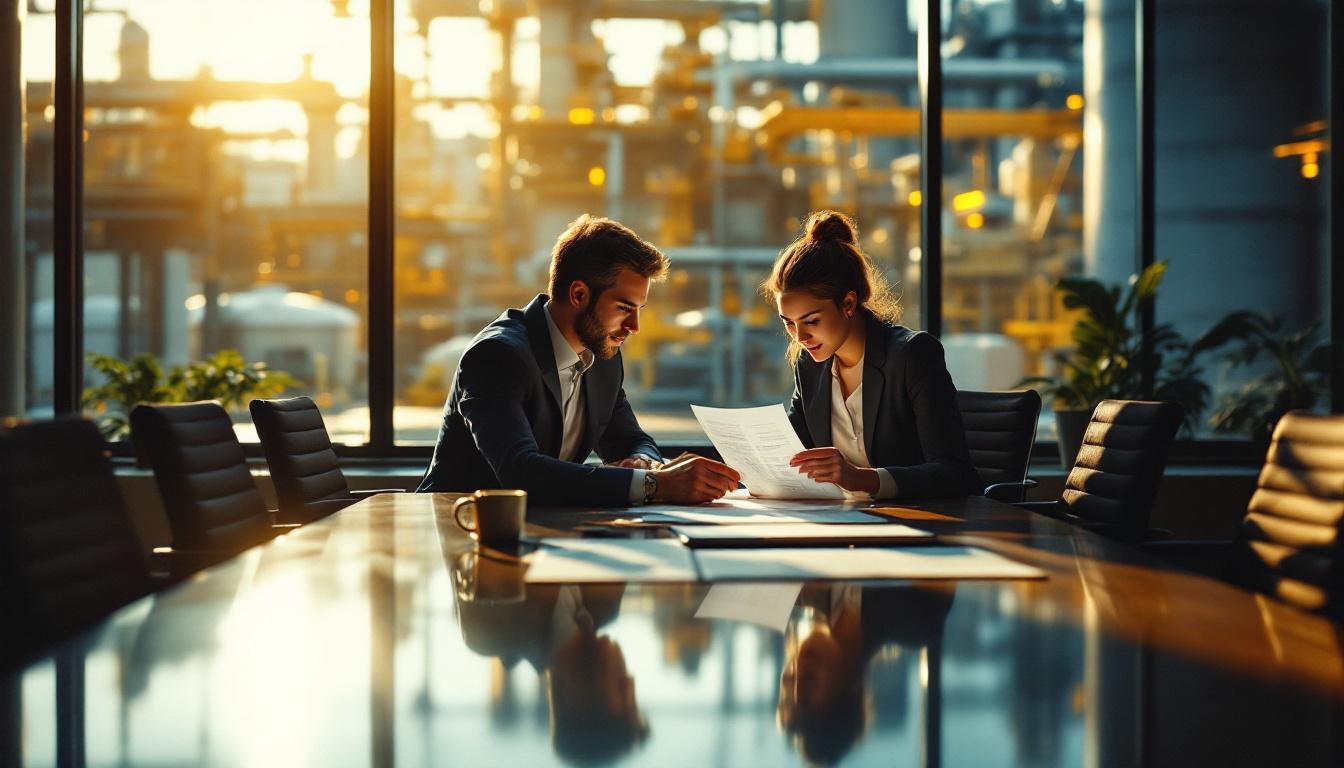 Two professionals reviewing financial documents at a polished conference table with a blurred industrial facility through window
