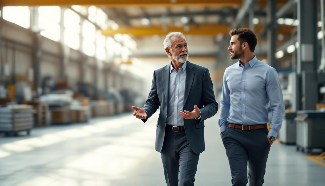 An older owner walking through his manufacturing facility with a younger PE professional in business casual, mid-conversation