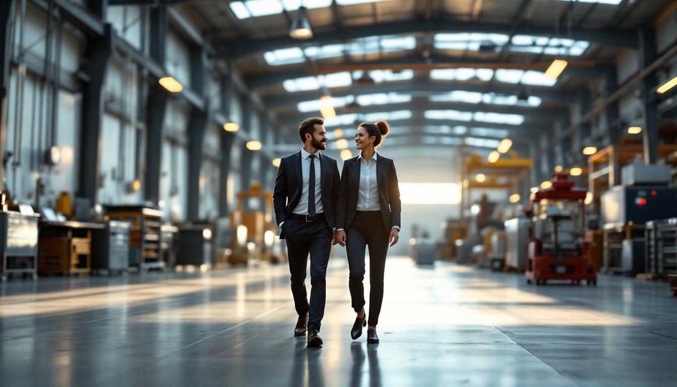 Two private equity professionals walking through a clean modern manufacturing facility with the founder, mid-conversation about platform investment