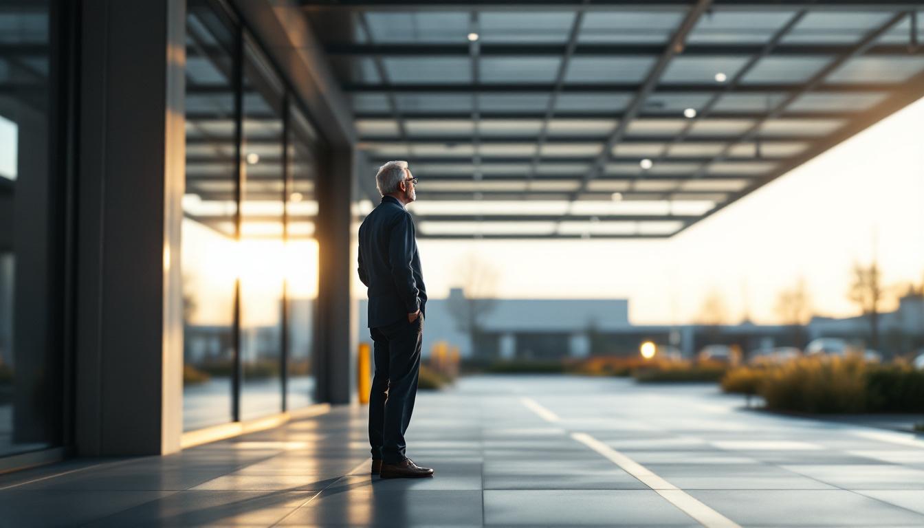Older manufacturing owner standing at the entrance of a clean modern facility looking out at the empty parking lot in the early morning