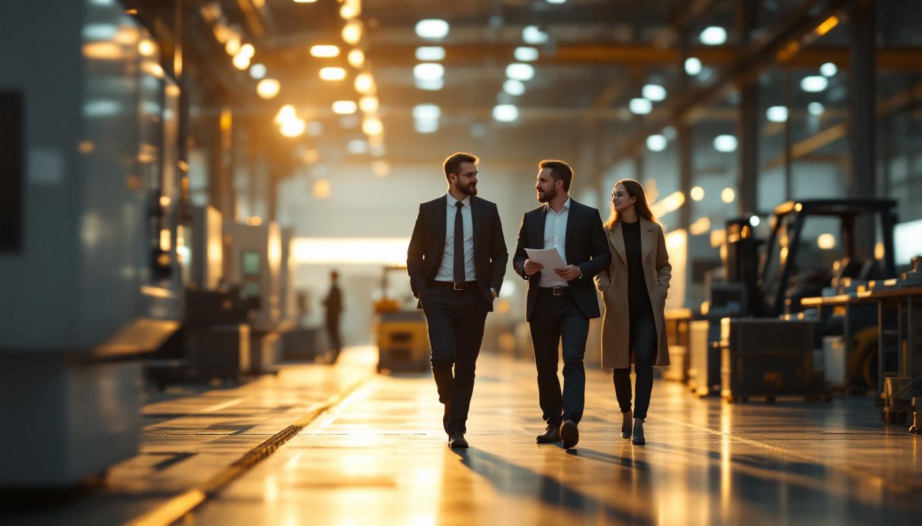 Small group of professionals walking through a clean manufacturing facility doing a walkthrough audit, blurred CNC equipment and forklift behind
