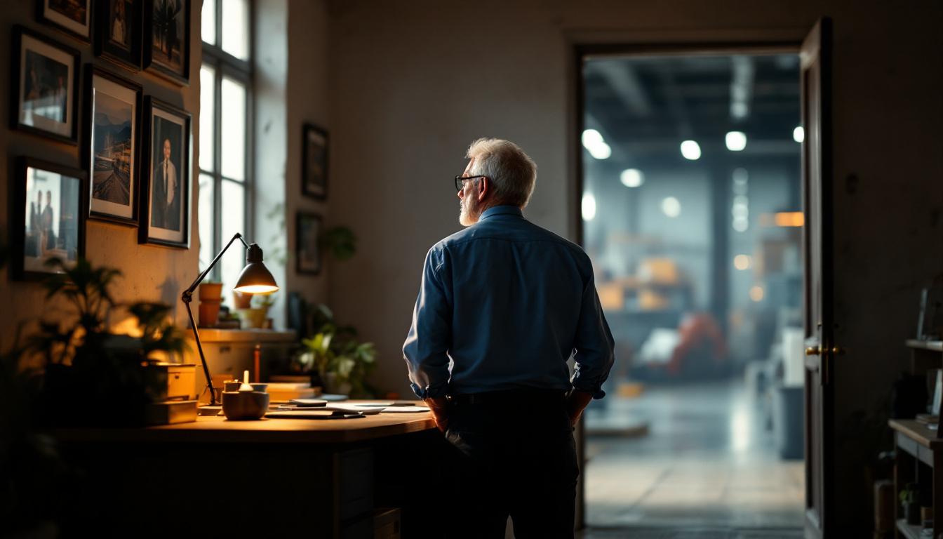Older manufacturing owner standing alone at his desk in a sunlit office at dusk, looking at framed photos on the wall
