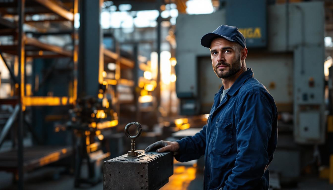 Metal fabrication shop owner standing next to a CNC press brake during golden hour, with blurred steel inventory racks behind
