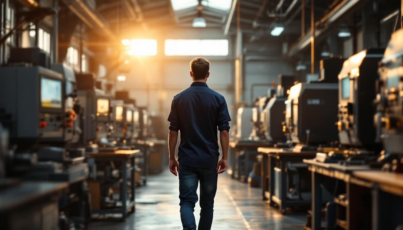 Machine shop owner walking through a small clean shop with several CNC mills running in late afternoon natural light