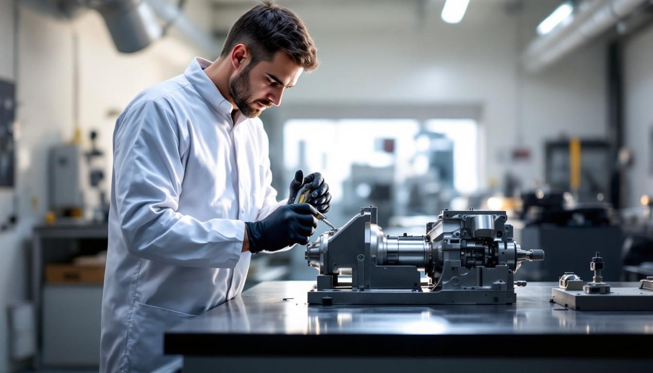 Precision machinist in clean professional attire inspecting a CNC-machined aerospace part with calipers in a clean climate-controlled room