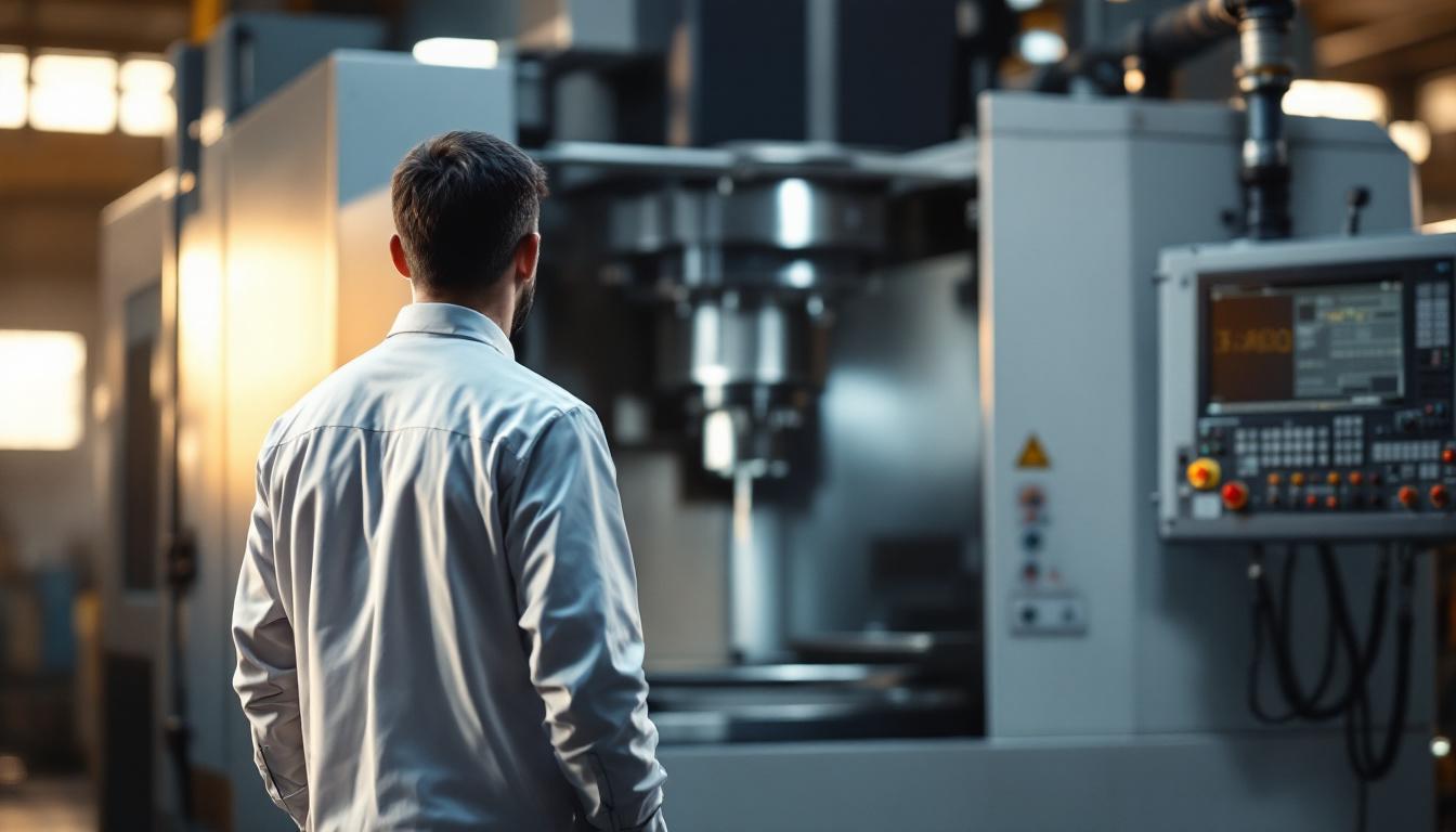 CNC operator in clean work uniform standing next to a 5-axis CNC machining center with monitor visible in late afternoon natural light