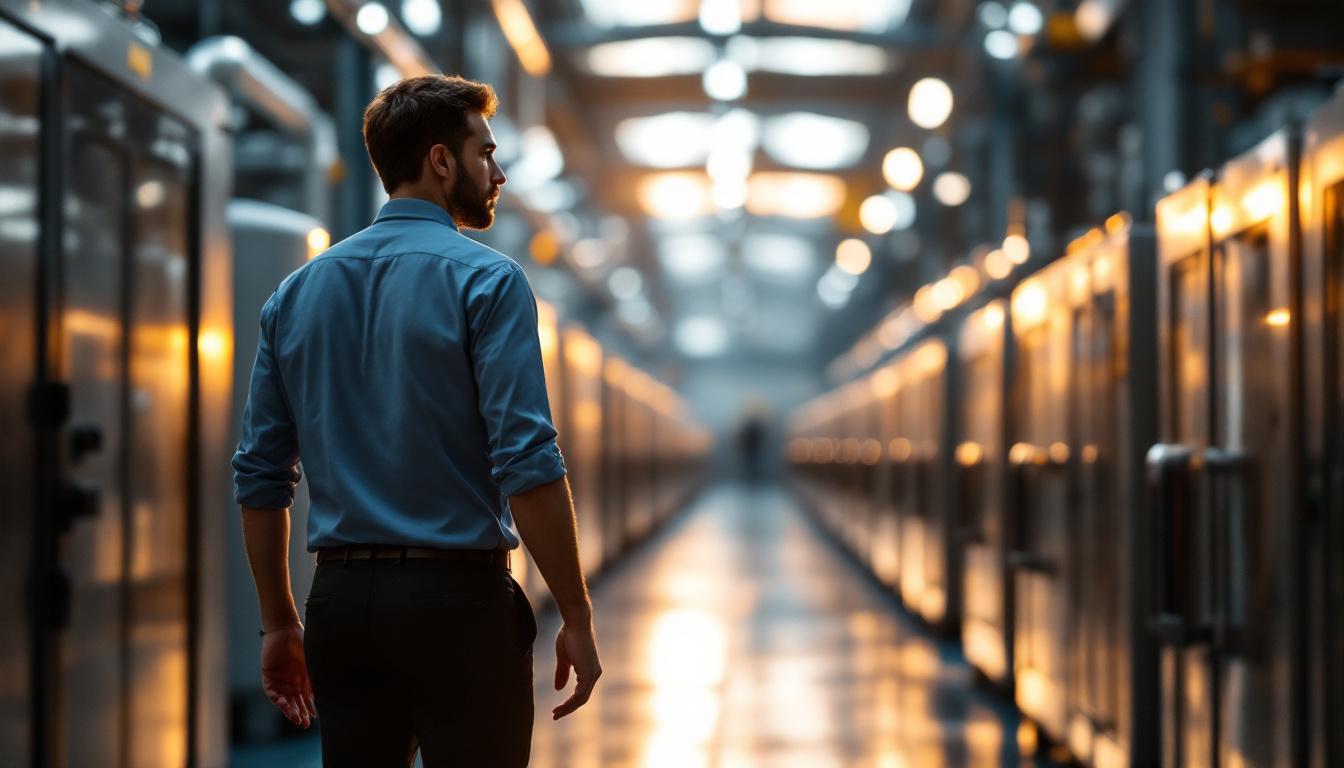 Plastic injection molding facility supervisor walking past a row of injection molding presses at golden hour