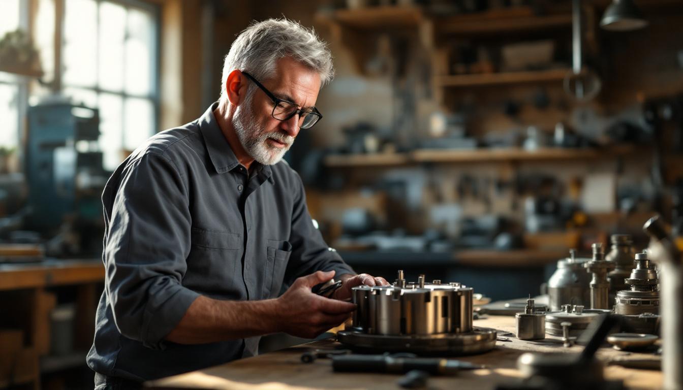 Senior toolmaker in clean work uniform inspecting a complex die at a workbench in a small tool and die shop