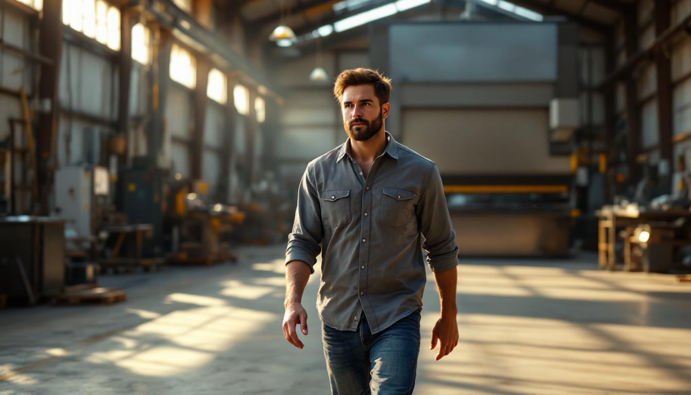 Sheet metal fabrication facility owner walking through his shop with a large CNC press brake operating in background