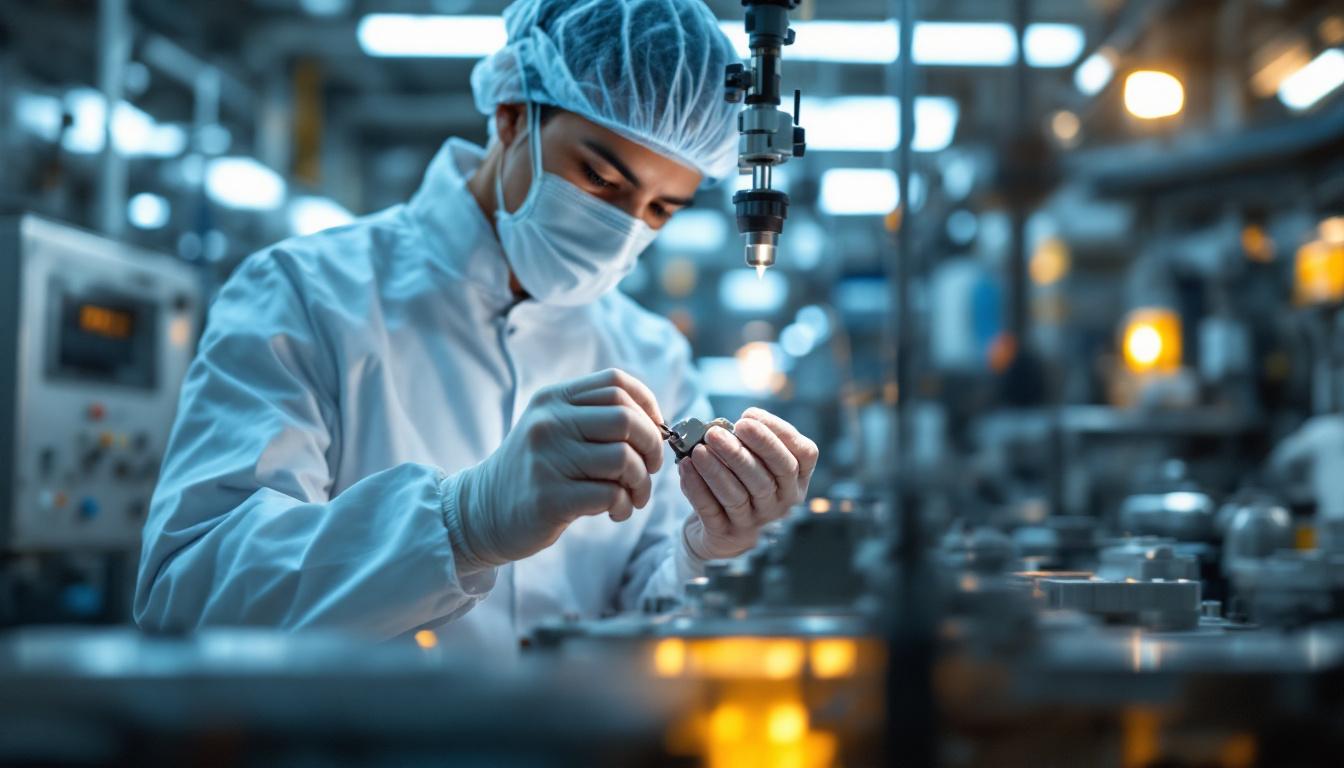 Aerospace manufacturing technician in clean climate-controlled facility inspecting an aluminum machined component with precision instruments