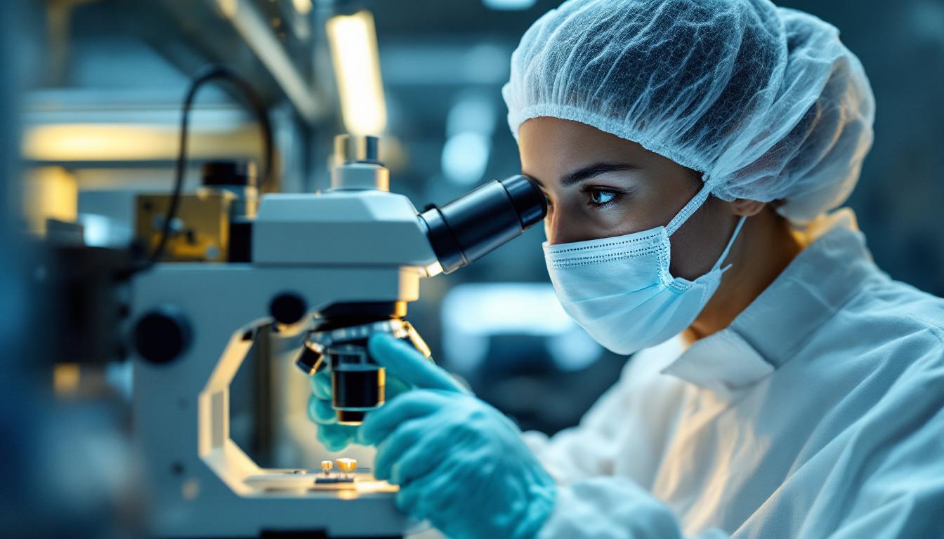 Medical device manufacturing technician in cleanroom attire inspecting a small medical component under a microscope