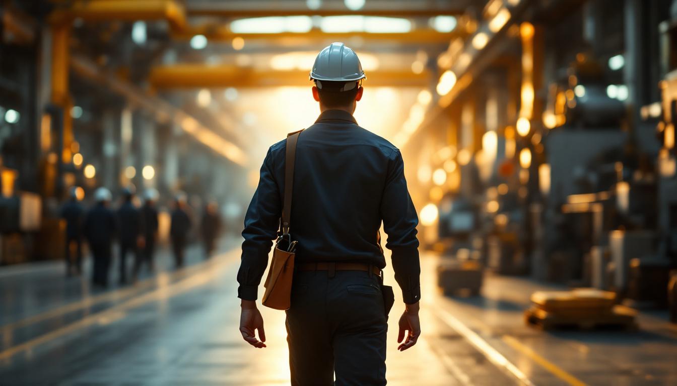 Industrial maintenance technician in clean uniform walking through a manufacturing facility with a tool bag