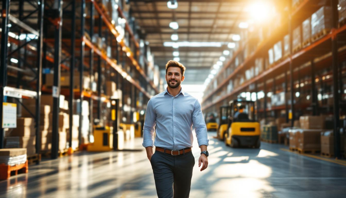 Warehouse manager walking through an industrial distribution facility with high-bay racking and forklifts
