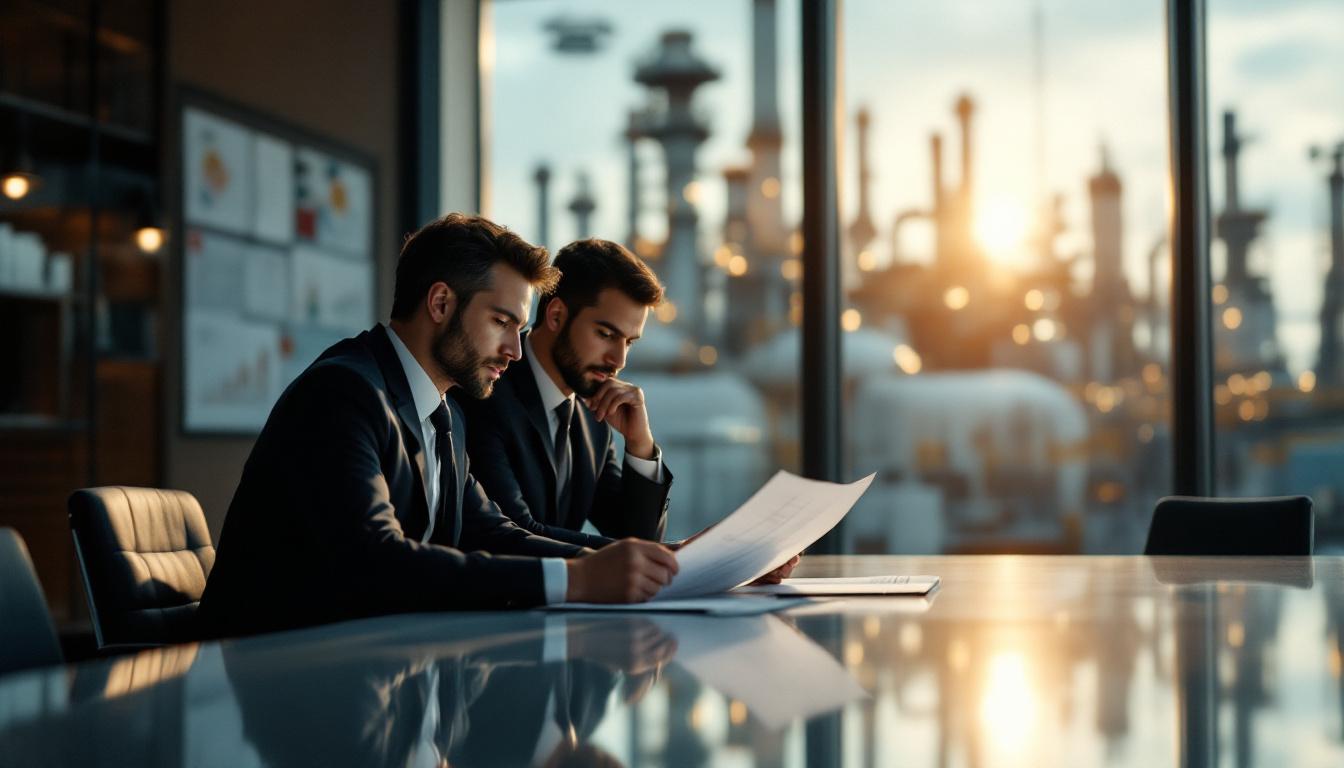 Two professionals reviewing financial documents at a polished conference table in a modern office