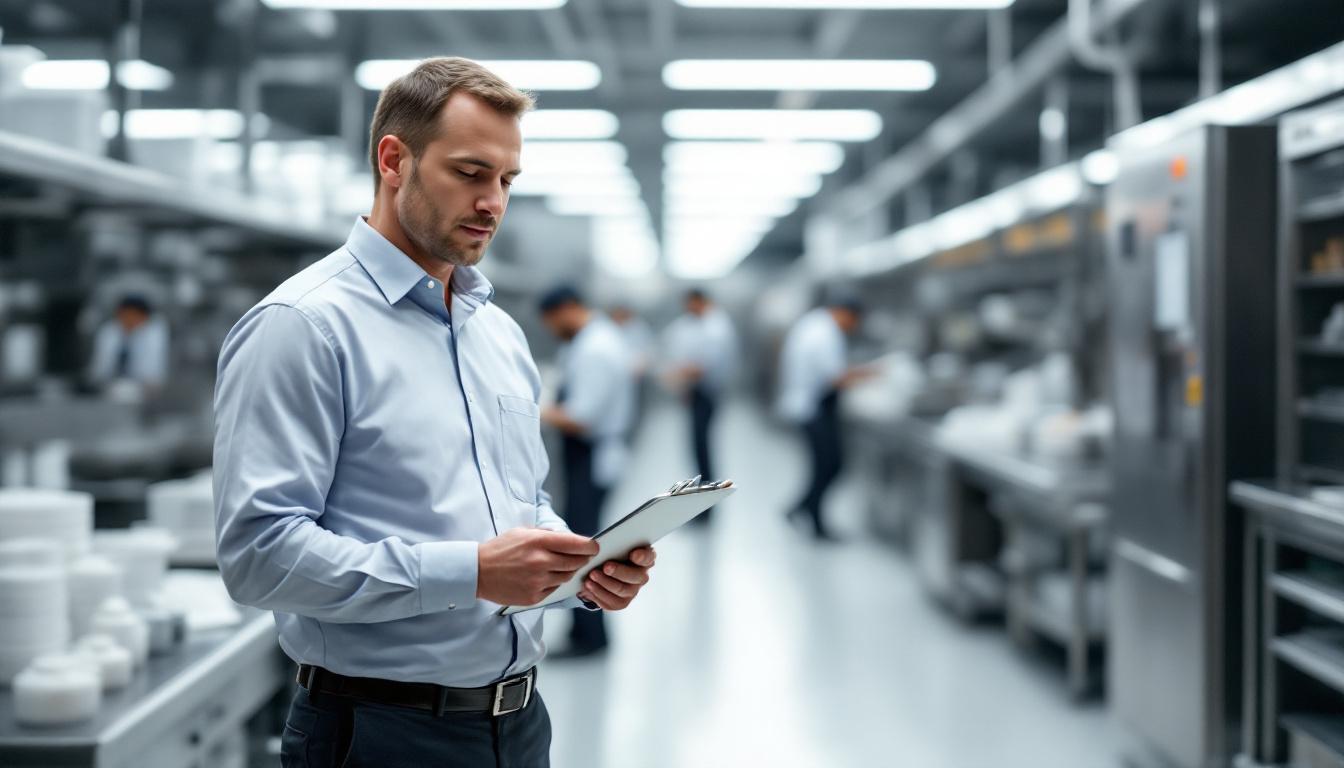 Industrial cleaning supervisor reviewing a clipboard in a clean polished commercial kitchen or pharma facility