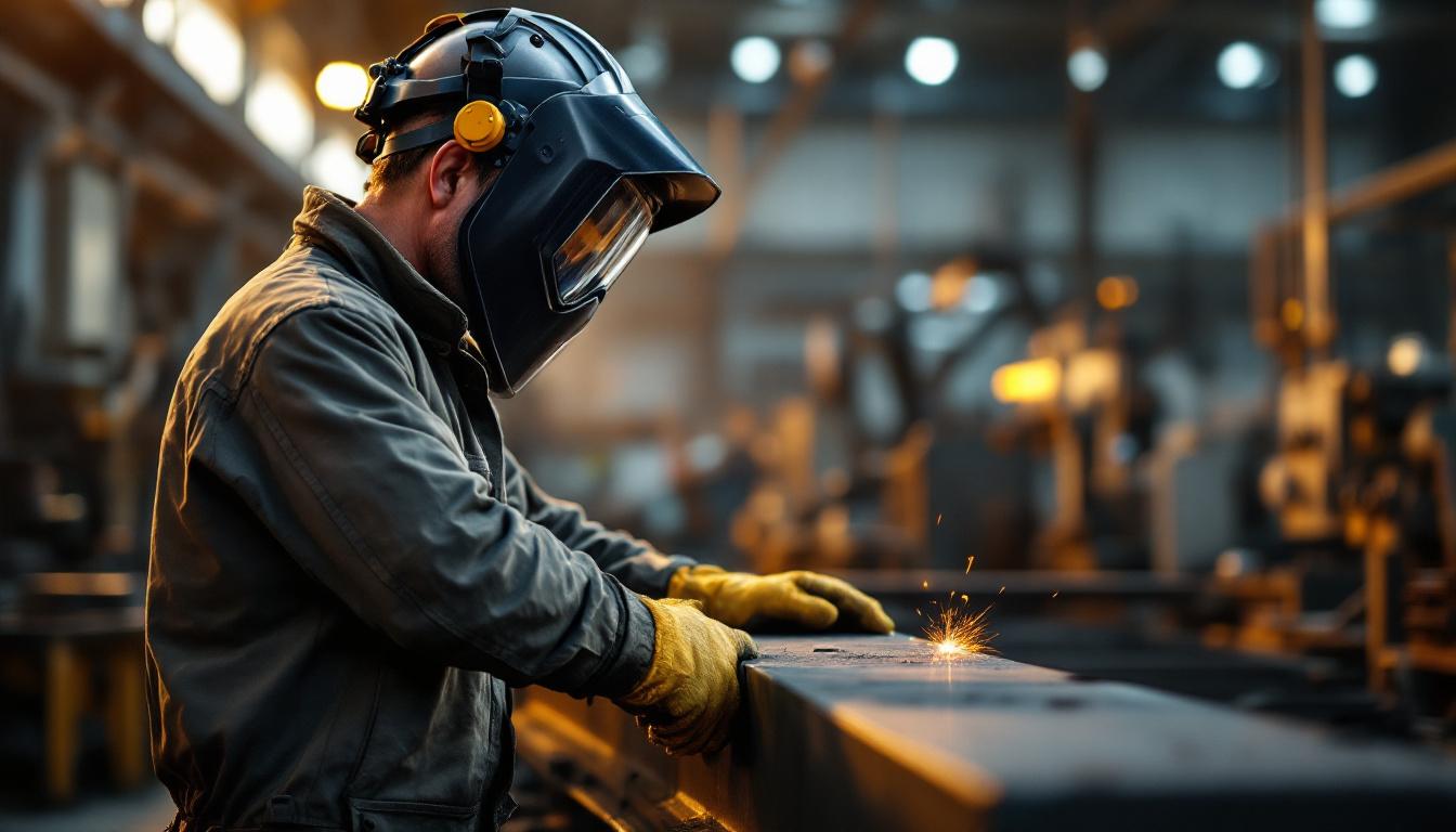 Senior welder in safety gear inspecting a welded steel structure at a fabrication shop at golden hour