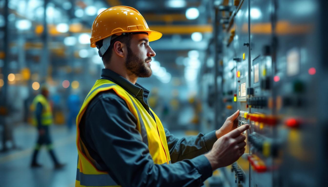Industrial electrical contractor in safety gear inspecting an industrial control panel inside a manufacturing facility