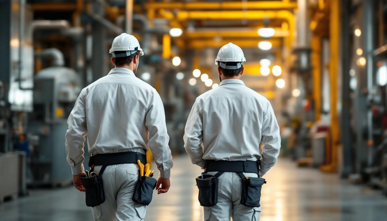 Two industrial maintenance technicians in clean uniforms walking through a manufacturing facility with tool bags
