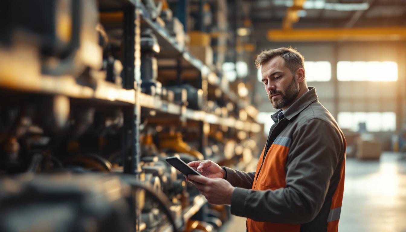 Industrial supply professional reviewing inventory in a clean fluid power components warehouse with rows of hydraulic hose racks