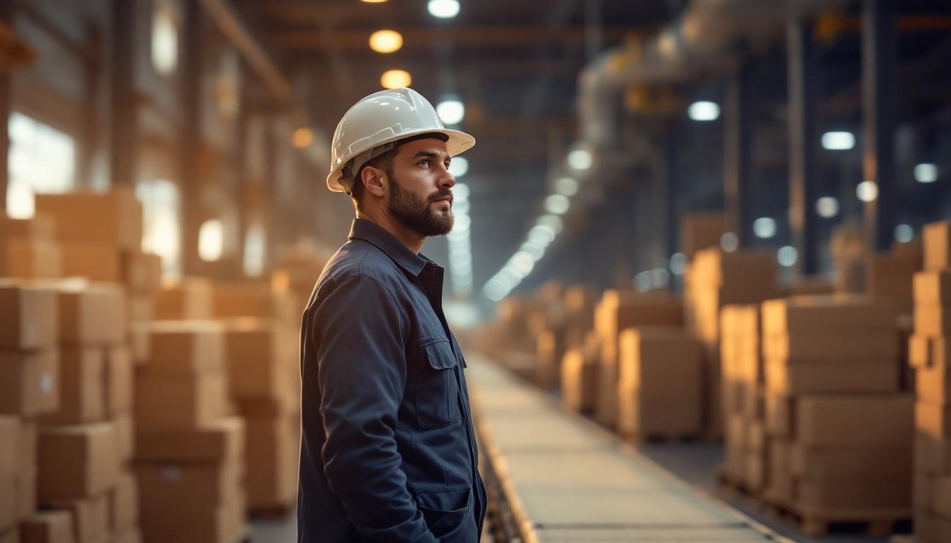 Packaging manufacturing facility manager walking past a corrugated cardboard production line at golden hour