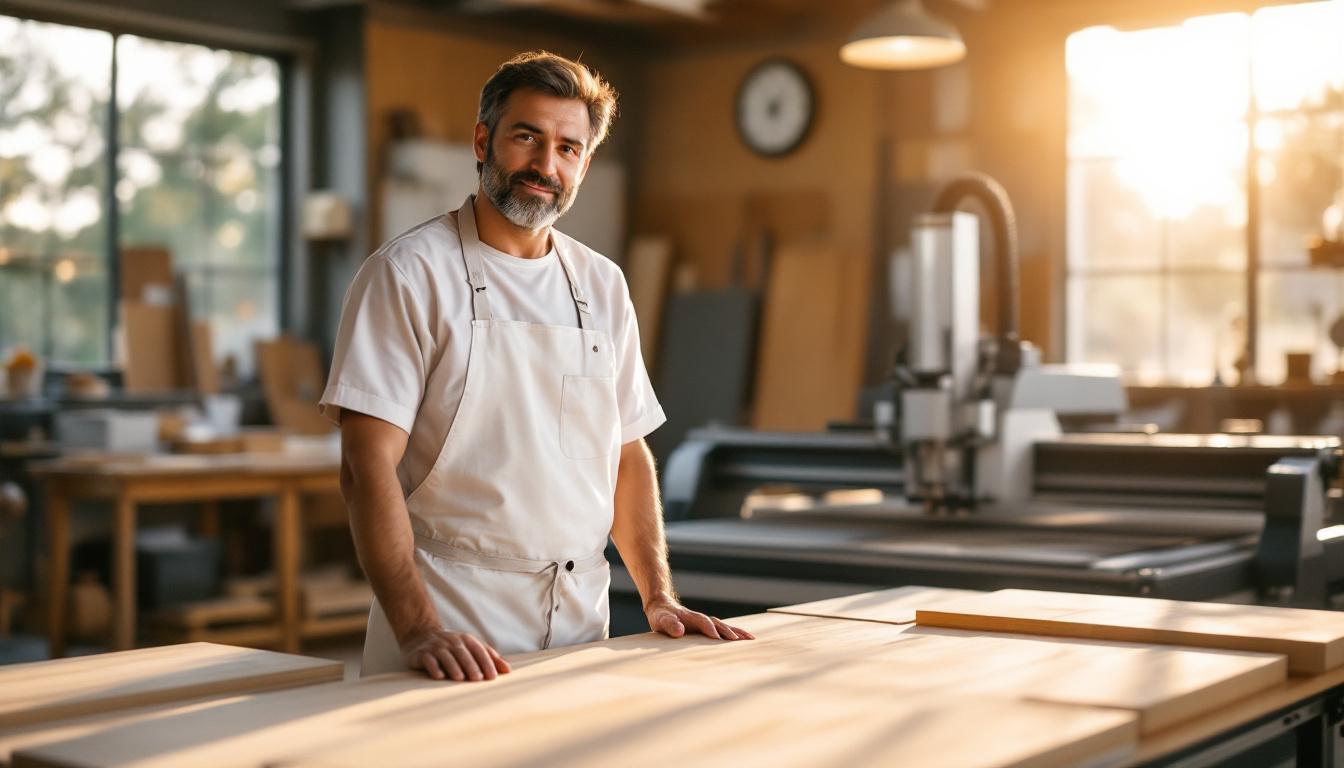 Custom millwork shop owner in clean work apron next to a finished kitchen cabinet display in his shop