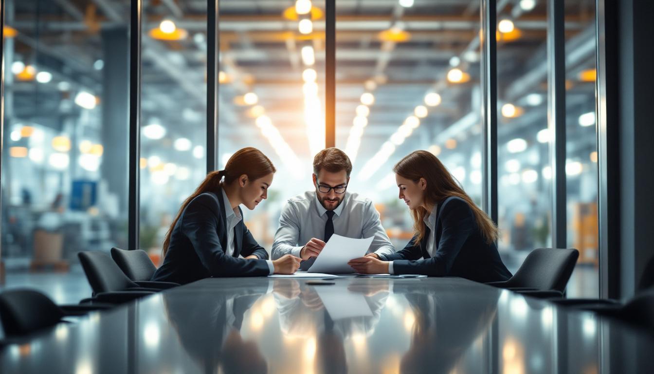 Three business professionals around a polished conference table reviewing manufacturing acquisition documents with an industrial facility visible through the window