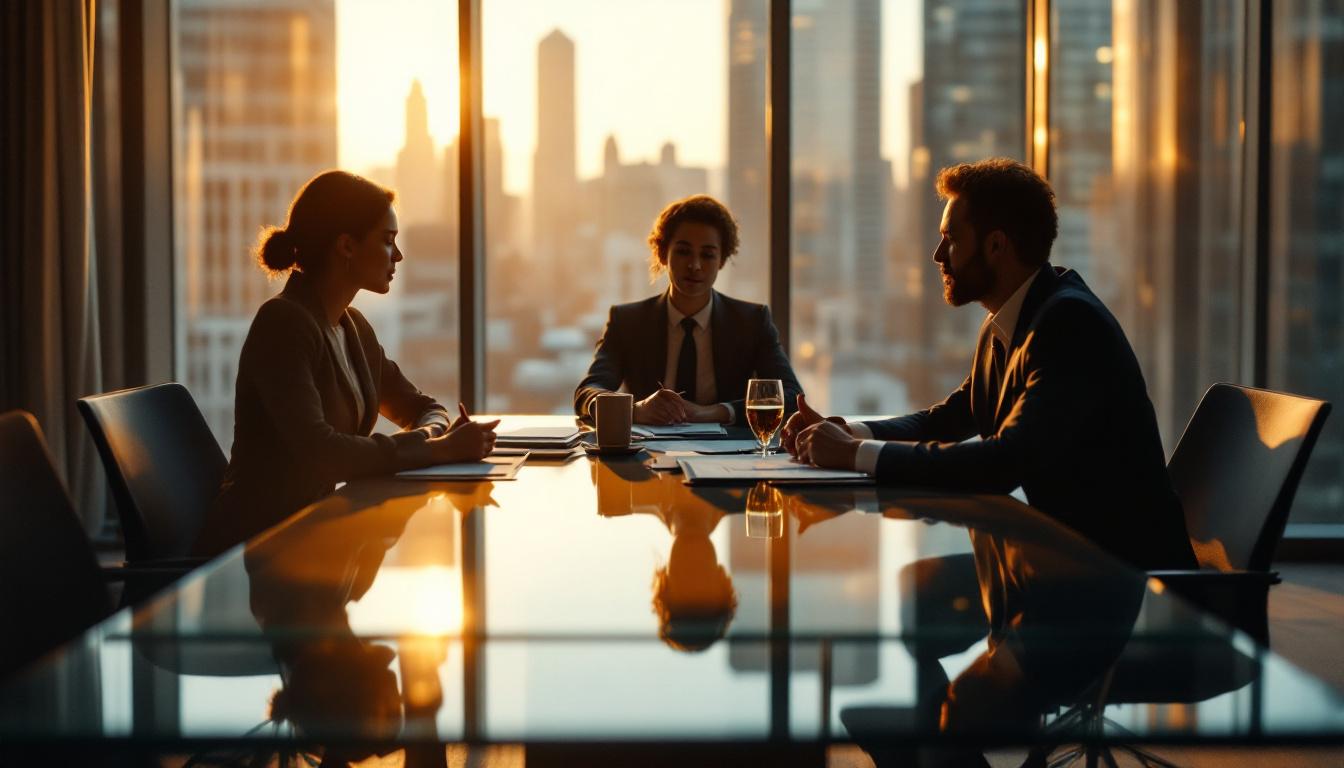 PE firm boardroom with three professionals reviewing manufacturing acquisition documents at a glass conference table with a city view