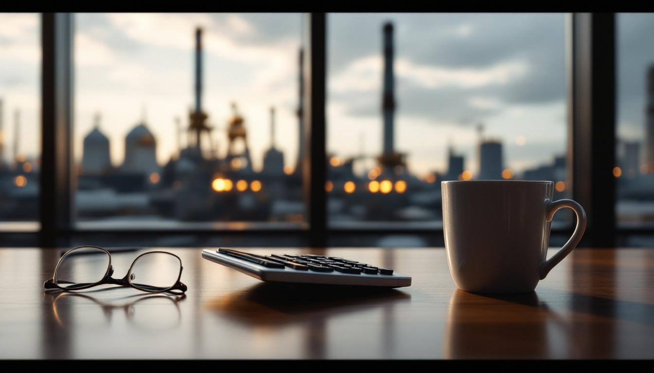 Calculator on a polished desk beside a coffee mug and reading glasses, with a manufacturing facility blurred through the window