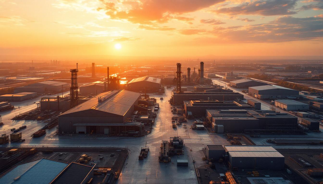 Aerial view of a multi-building industrial manufacturing complex at golden hour suggesting consolidation and roll-up scale
