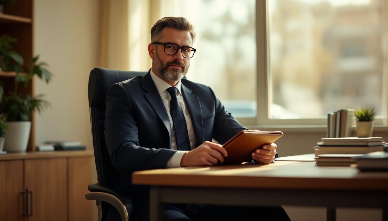 Loan officer in business attire reviewing manufacturing acquisition paperwork at a wooden desk with leather portfolio and reading glasses