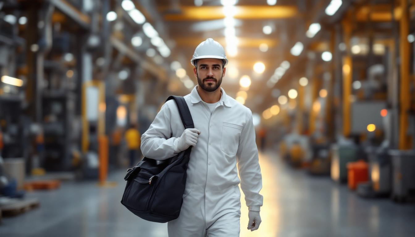 Industrial maintenance technician walking through a manufacturing facility with tool bag &mdash; the operational profile PE platforms acquire in 2026 industrial services M&A