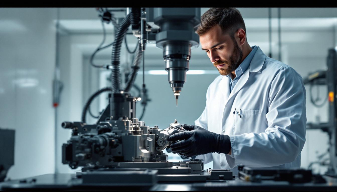 Precision machinist inspecting CNC-machined aerospace part with calipers in clean facility &mdash; the AS9100D / 5-axis operational profile commanding 5-8x EBITDA in 2026 M&A