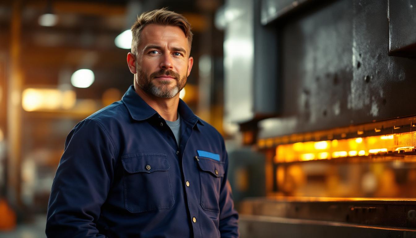 Metal fabrication shop owner standing next to CNC press brake at golden hour — the operational profile commanding 4-6x EBITDA in 2026 metal fab M&A