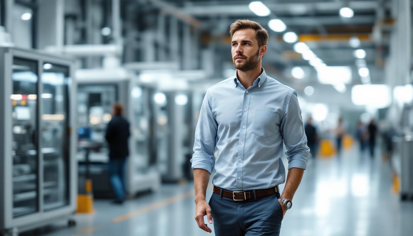 Contract manufacturing facility manager walking through a clean facility with multiple production cells &mdash; the operational profile commanding 5-7x EBITDA in 2026 contract mfg M&A