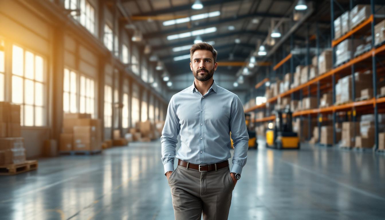 Warehouse manager walking through industrial distribution facility with high-bay racking and forklifts &mdash; the operational profile commanding 6-9x EBITDA in 2026 industrial supply M&A