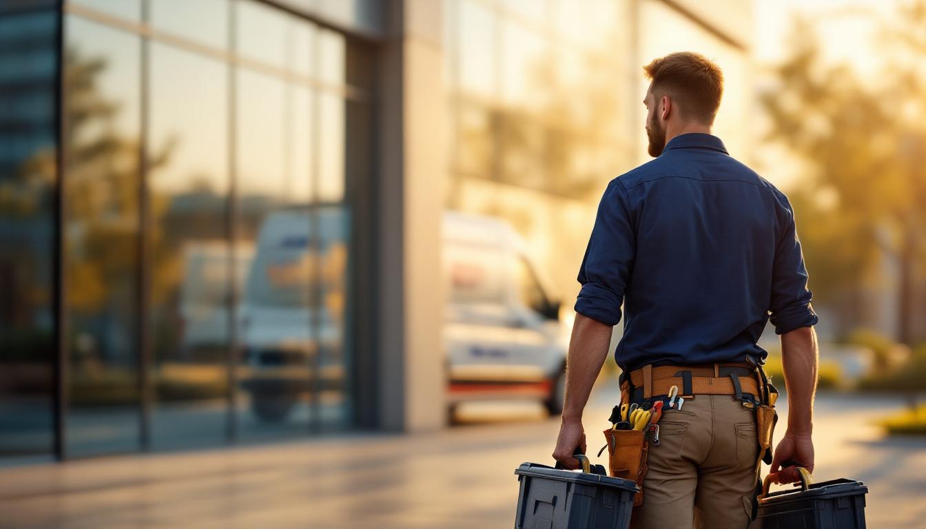 Commercial plumbing service van and uniformed plumber walking toward a large commercial building entrance at golden hour