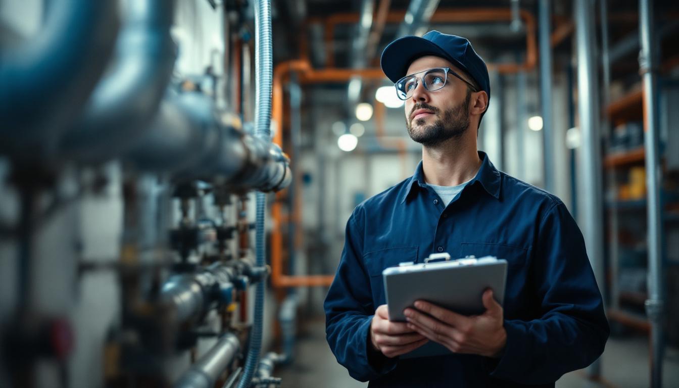 Plumbing contractor in clean work uniform inspecting commercial pipework with a clipboard in a mechanical room