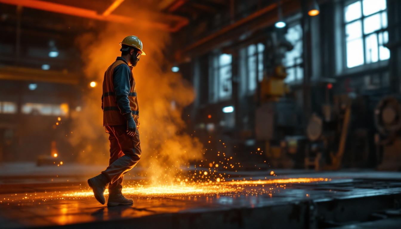 Foundry worker in safety gear walking past glowing molten metal pour area at a clean modern foundry