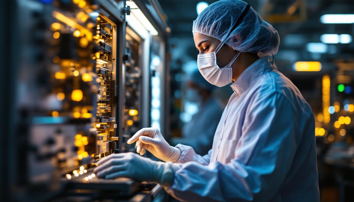 Semiconductor equipment technician in cleanroom bunny suit inspecting precision equipment in a clean fab