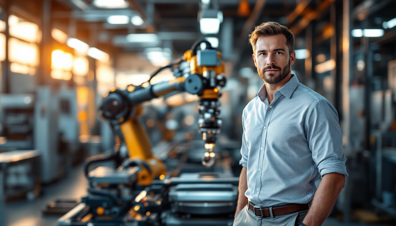 Industrial automation engineer in business casual standing in front of a robotic arm assembly cell at golden hour