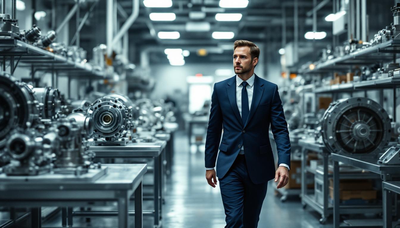 Defense manufacturing facility manager walking through a secure clean facility with precision-machined aerospace components on display
