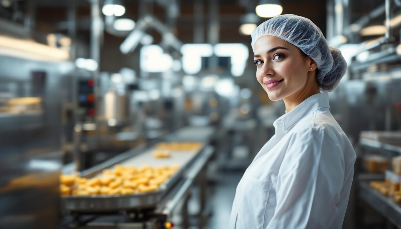 Food manufacturing facility manager in clean white uniform with hairnet walking through a stainless-steel production line