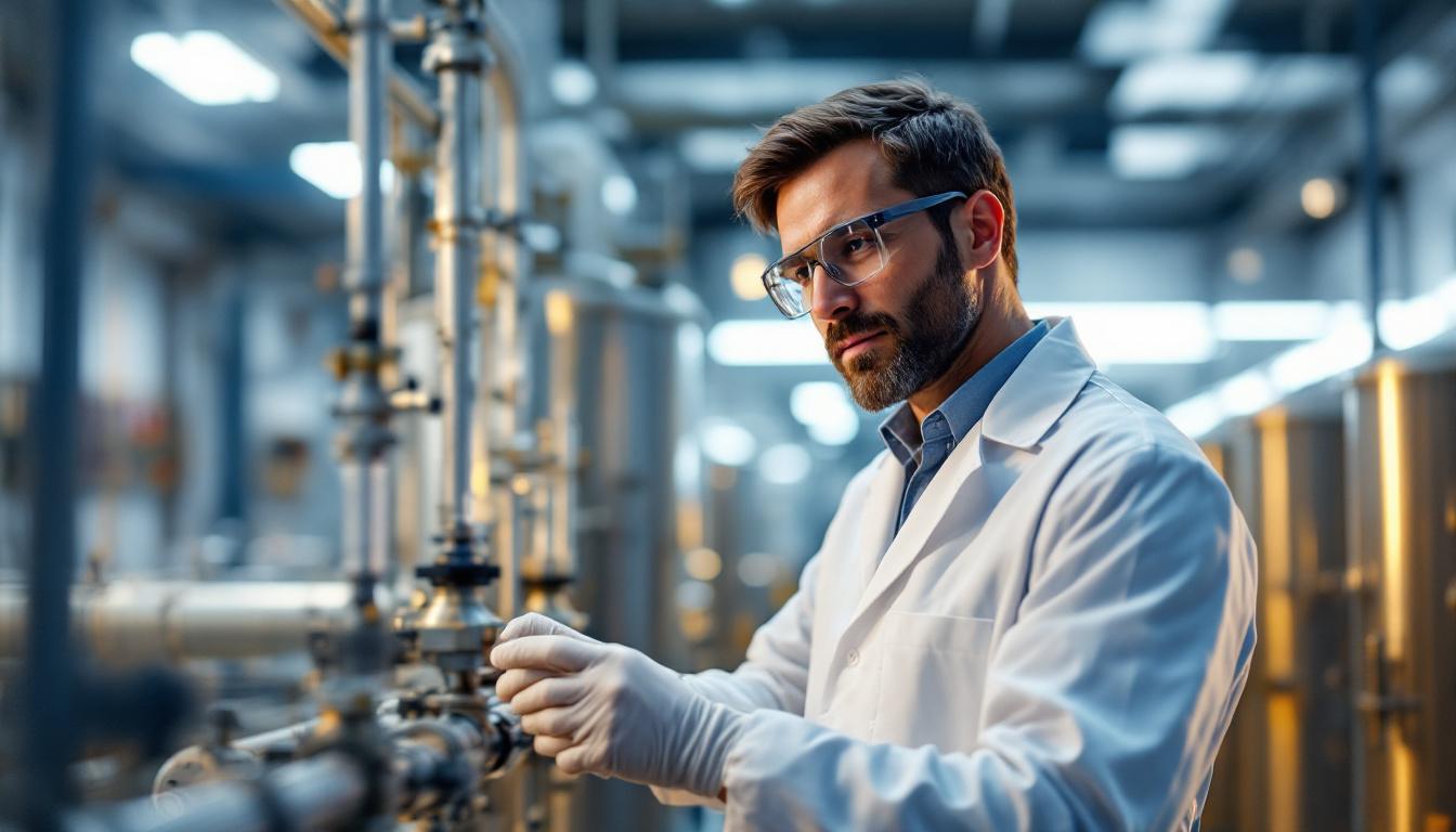 Chemical engineer in safety gear reviewing pipework in a clean specialty chemicals facility